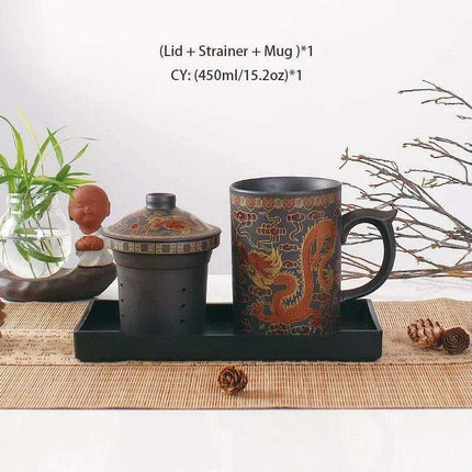 Handcrafted Purple Clay Dragon Teacup with Strainer & Lid - Unique Yixing Zisha Mug - Très Elite