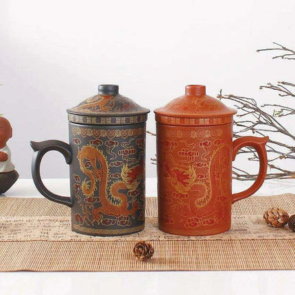 Handcrafted Purple Clay Dragon Teacup with Strainer & Lid - Unique Yixing Zisha Mug - Très Elite