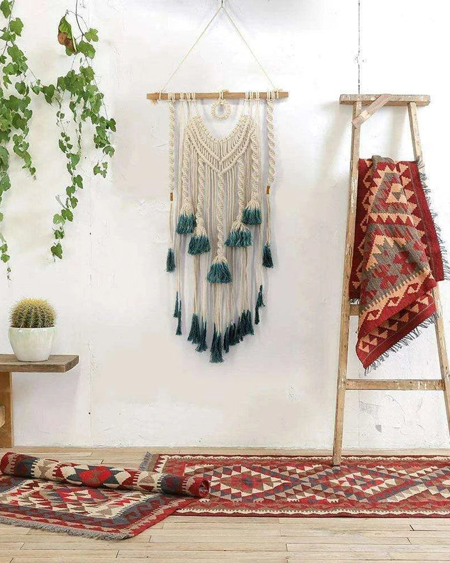 Bohemian Geometric Cotton Macrame Wall Art - Handcrafted Tapestry, 84x45cm
