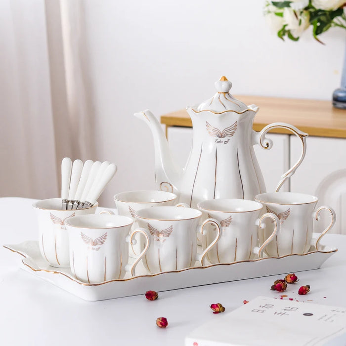 European Charm Ceramic Coffee & Tea Serving Set - Deluxe Porcelain Cups & Pot
