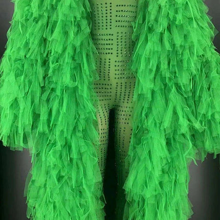 Emerald Diva Rhinestone Showstopper Set: Green Long Coat & Bodycon Jumpsuit for Female Performers