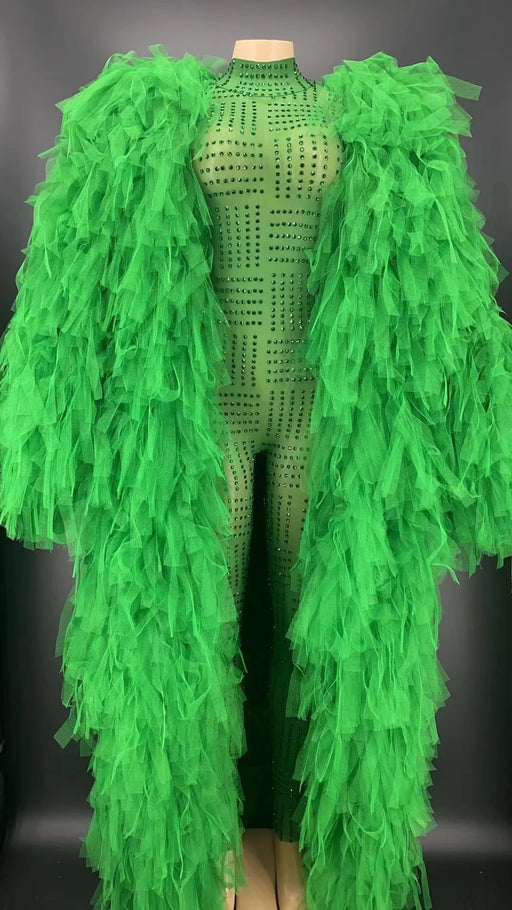 Green Rhinestone Embellished Long Coat and Bodycon Jumpsuit Set for Women's Stage Performance