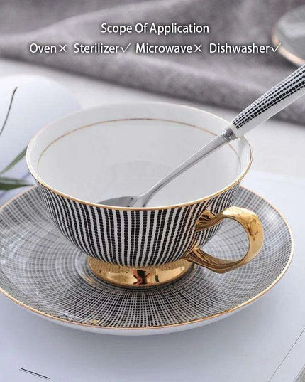 Elegant Gray Bone China Tea Set with Gold Accents - 200ml Cup, Saucer & Spoon Collection