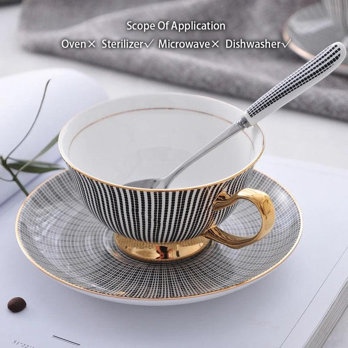 Elegant Gray Bone China Tea Set with Gold Accents - 200ml Cup, Saucer & Spoon Collection