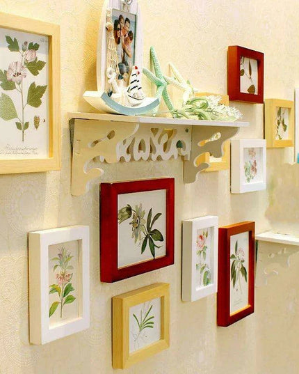 Elegant 13-Piece White Wood Carved Photo Frame Collection with Shelf Accents