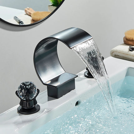 Bright Golden Waterfall Basin Faucet Dual Cristal Handle Widespread Bathroom Sink Mixer Tap Deck Mounted Bathtub Mixers Crane bright-golden-waterfall-basin-faucet-dual-cristal-handle-widespread-bathroom-sink-mixer-tap-deck-mounted-bathtub-mixers-crane