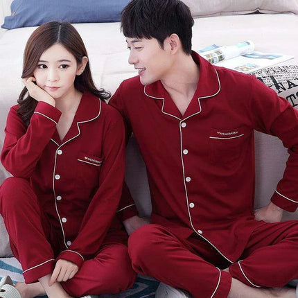 Cozy Autumn Couples Cotton Pajama Set - Stylish Long-sleeve Sleepwear for Him and Her
