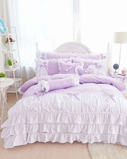 Elegant Korean Princess Pink Lace Bow Cotton Bedding Ensemble for a Stylish Sanctuary