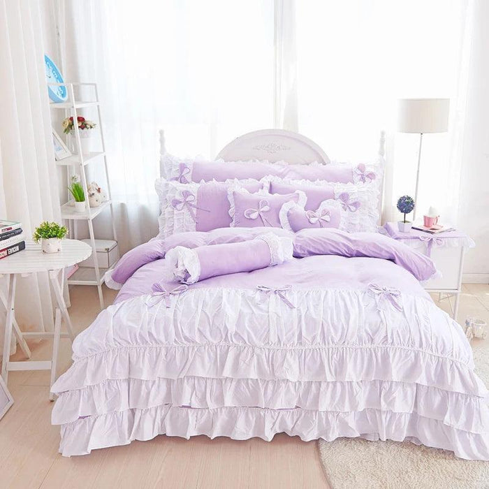 Korean Princess Pink Bow Cotton Bedding Set with Ruffles