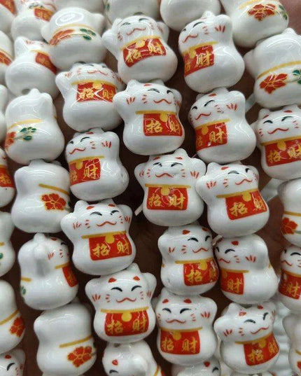 Charming Lucky Cat Ceramic Bead Set - 20 Whimsical Pieces for DIY Jewelry Creations (15mm x 17mm)