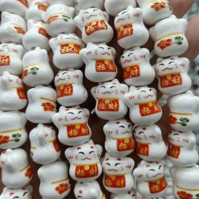 Charming Lucky Cat Ceramic Bead Set - 20 Whimsical Pieces for DIY Jewelry Creations (15mm x 17mm)
