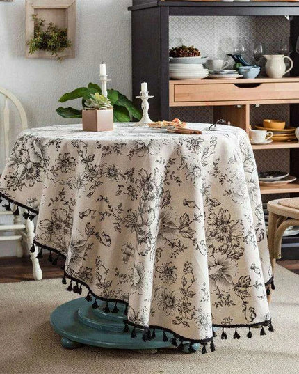 Elegant Floral Round Tablecloth with Stylish Tassel Trim - 150cm Diameter