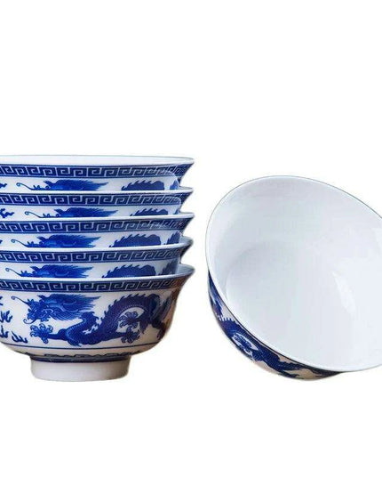 Set of 6 Elegant Blue and White Porcelain Ramen Bowls Featuring Vintage Chinese Dragon Design