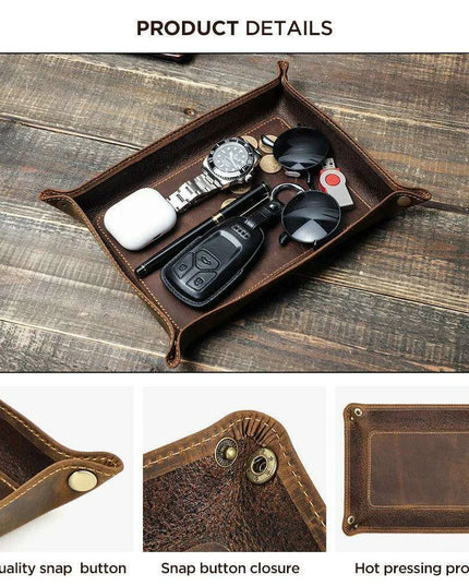 Elegant Cowhide Leather Organizer Tray for Keys, Wallets, and Coins: A Stylish Storage Solution