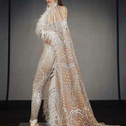 Dazzling Feathered Performance Outfit: Custom 3D Printed Jumpsuit with Stretch Bodysuit