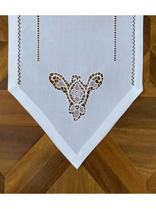 Camellia Elegance: Handcrafted White Hemstitch Table Runner in Linen Look - Available in 16x45" or 16x72" Size