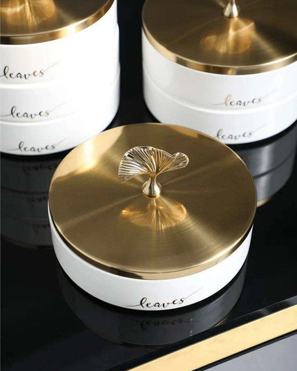 Elegant Ginkgo Leaf Ceramic Serving Tray with Stylish Metal Accents