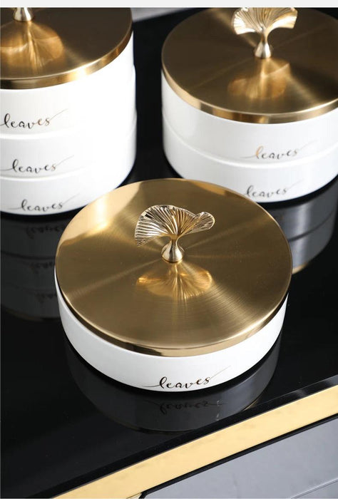 Elegant Ginkgo Leaf Ceramic Serving Tray with Stylish Metal Accents