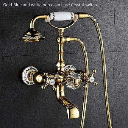 Luxurious Gold Brass Bathtub Faucet with Crystal Accents and Hand Shower