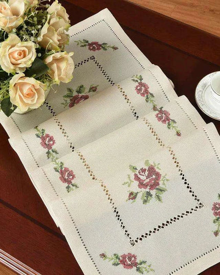 Romantic Rose Cross-Stitch Linen Table Runner & Cloth Set - White/Champagne