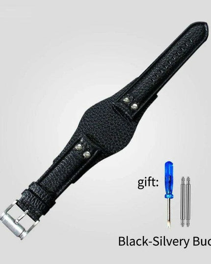 22mm Luxurious Black/Brown Riveted Leather Strap for Fossil Watches