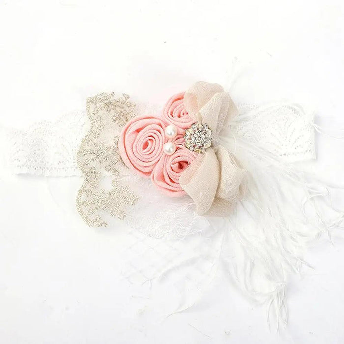 Elegant Vintage Baby Headband with Satin Flower, Feather, and Pearl Details