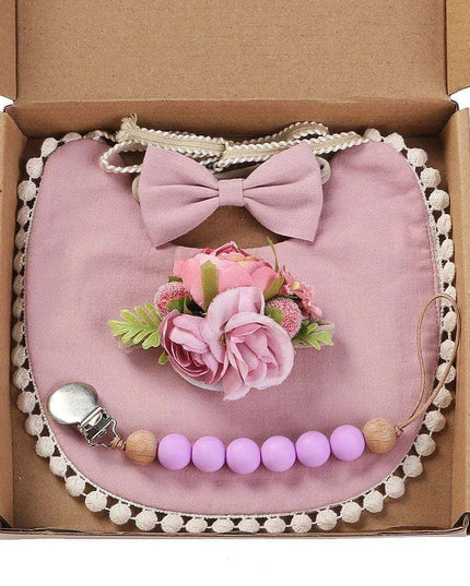 Chic Floral Baby Care Set: Bib, Headband, and Silicone Pacifier Clip in Festive Gift Box