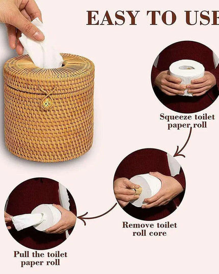 Chic Rattan Tissue and Toilet Paper Storage Box with Lid for Home and Office Use