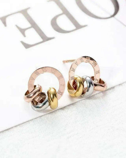 Chic Rose Gold Stainless Steel Stud Earrings with Roman Numeral Design - A Timeless Gift for Her
