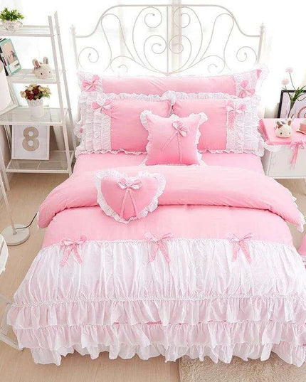 Elegant Korean Princess Pink Lace Bow Cotton Bedding Ensemble for a Stylish Sanctuary