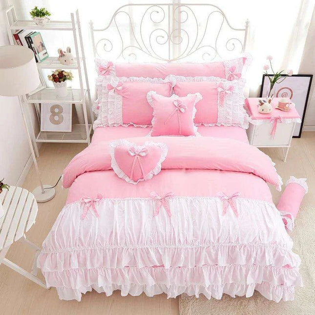 Elegant Korean Princess Pink Lace Bow Cotton Bedding Ensemble for a Stylish Sanctuary