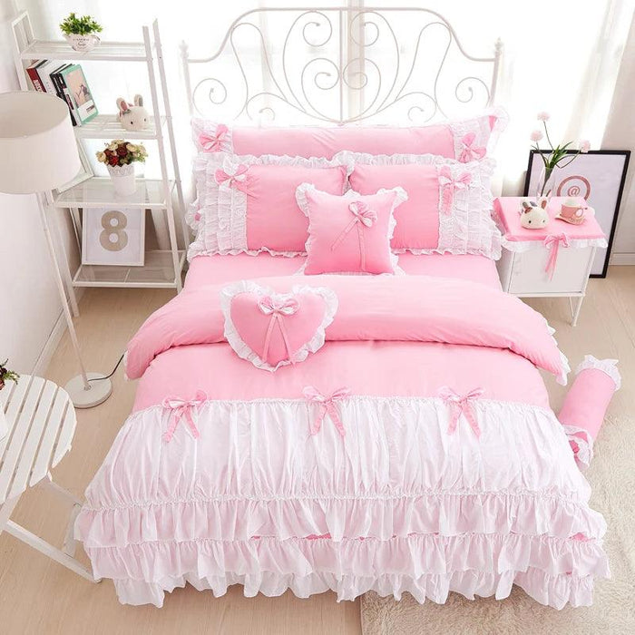 Korean Princess Pink Bow Cotton Bedding Set with Ruffles