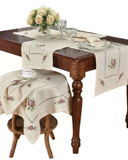 Romantic Rose Cross-Stitch Linen Table Runner & Cloth Set - White/Champagne