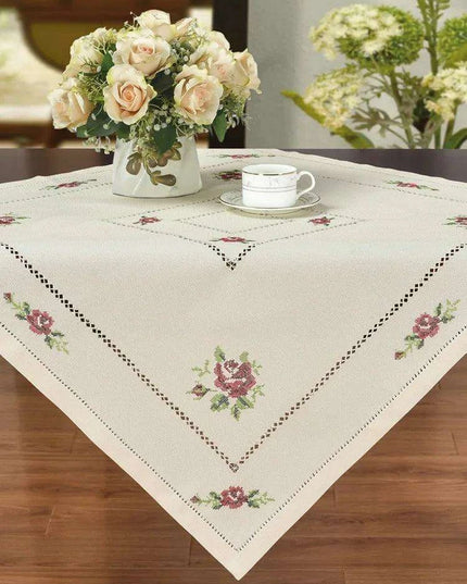 Romantic Rose Cross-Stitch Linen Table Runner & Cloth Set - White/Champagne