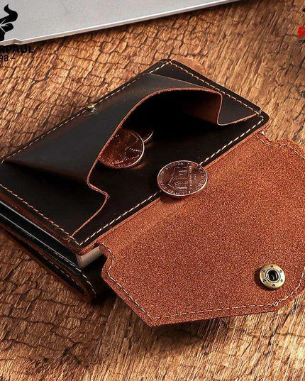 RFID Blocking Crazy Horse Leather Men's Card Wallet with Push-Button Ejection and Money Clip