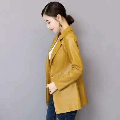 Sophisticated Korean Sheepskin Leather Blazer for Women - Trendy Mid-Length Fashion Coat