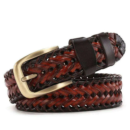 Men's Elegant Gold Buckle Braided Genuine Leather Belt