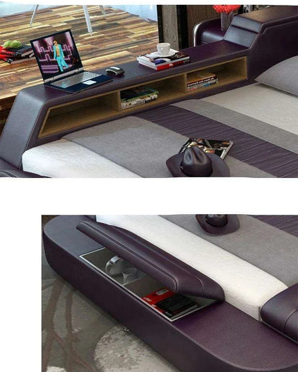 Luxury Leather Bed Frame with Massage, Storage, Safety, Speaker, and LED Lights - Deluxe Bedroom Furniture Collection