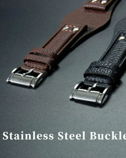 22mm Luxurious Black/Brown Riveted Leather Strap for Fossil Watches