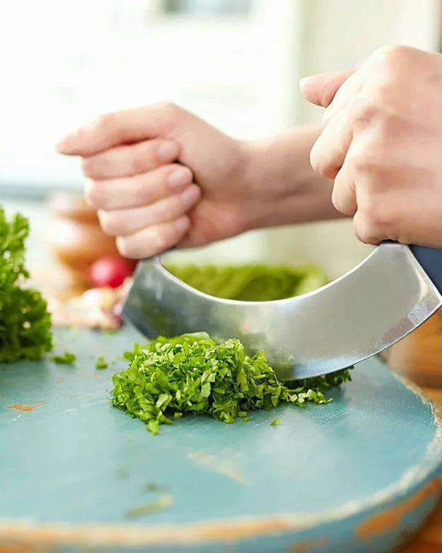 8.5-Inch Multi-Functional Stainless Steel Mezzaluna Knife for Effortless Chopping of Herbs, Vegetables, and More