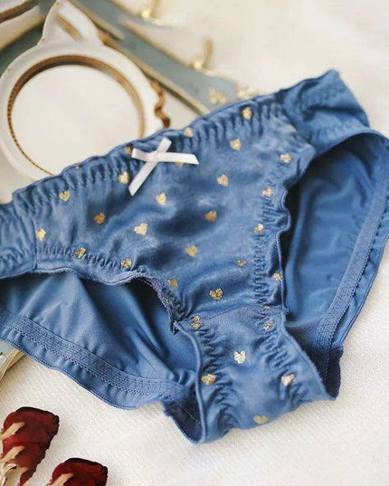 Charming Ruffled Satin Heart Print Panties for Women - Delightfully Cute Seamless Underwear