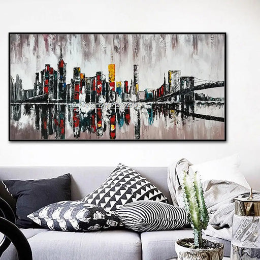 Hand-Painted City Landscape Oil Painting On Canvas - Abstract Wall Art for Home Decor