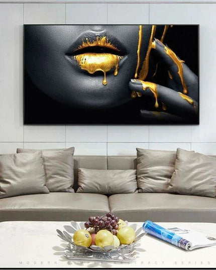 Stunning Golden Lips Canvas Art - Bold Tribute to Black Women for Chic Home Decor