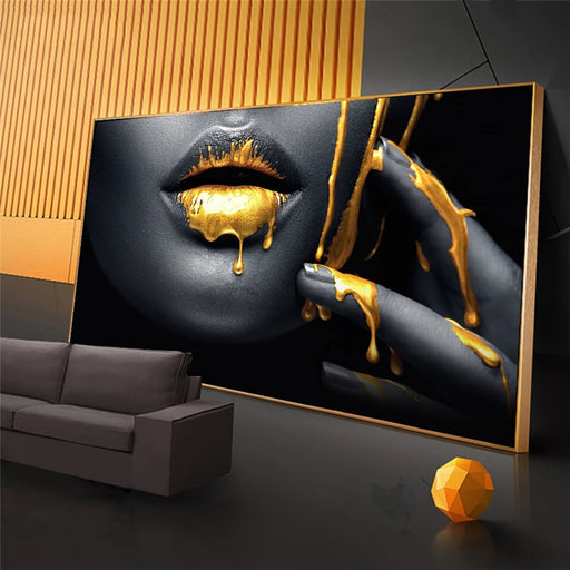 Golden Lips Black Women - Large Oil Painting on Canvas for Modern Home Decor