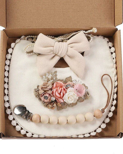 Chic Floral Baby Care Set: Bib, Headband, and Silicone Pacifier Clip in Festive Gift Box