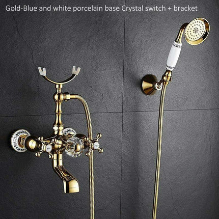 Luxurious Gold Brass Bathtub Faucet with Crystal Accents and Hand Shower