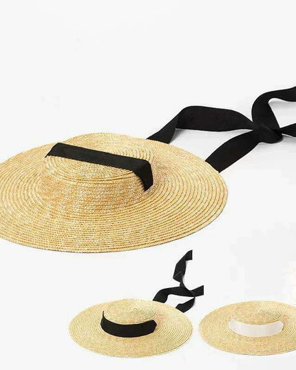 Stylish Wide Brim Straw Hat with Ribbon Tie for Women - 15cm Beach Cap in White and Black