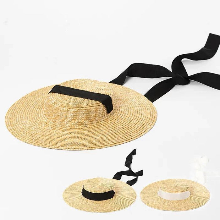 Stylish Wide Brim Straw Hat with Ribbon Tie for Women - 15cm Beach Cap in White and Black