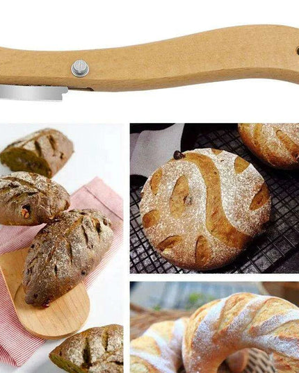 French Bakery Bread Knife Set with Ergonomic Wooden Handle and 5 Curved Blades - Complete Bundle with Packaging Box