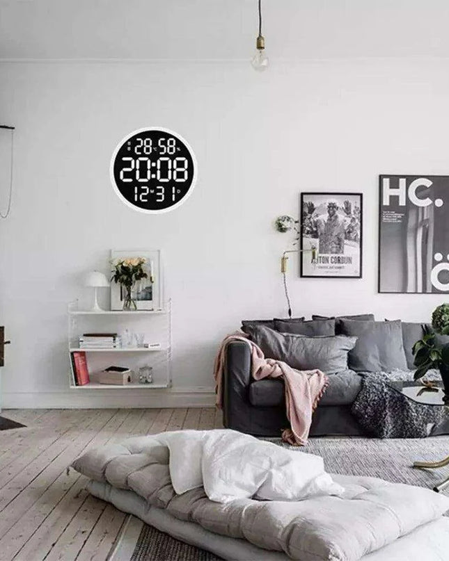 Large 12-Inch Digital LED Wall Clock with Alarm, Calendar, Temperature, and Humidity Display - Modern Home Decor with Smart Brightness Control